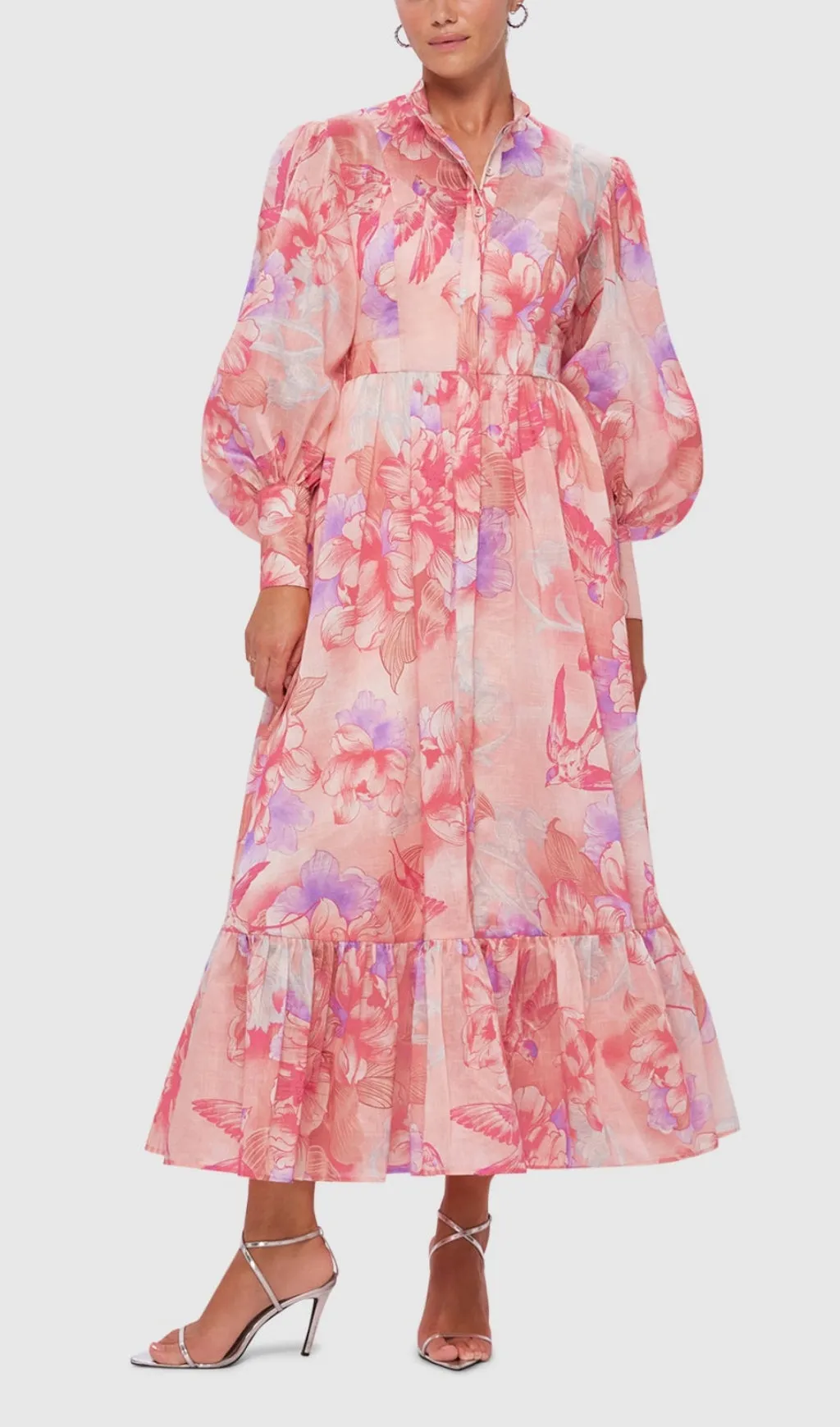 SWALLOW PRINT IN LUSH MIDI DRESS Gloria Lanvin