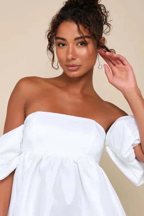 Sweet Vision White Taffeta Off-the-Shoulder Babydoll Mini Dress Gloria Lanvin