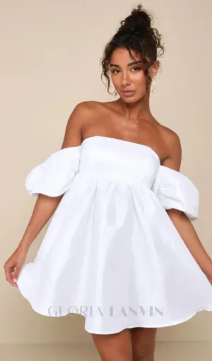 Sweet Vision White Taffeta Off-the-Shoulder Babydoll Mini Dress Gloria Lanvin
