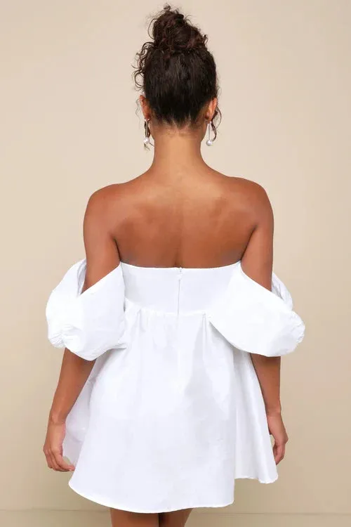 Sweet Vision White Taffeta Off-the-Shoulder Babydoll Mini Dress Gloria Lanvin
