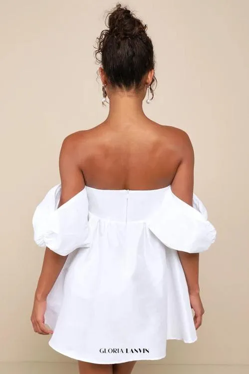 Sweet Vision White Taffeta Off-the-Shoulder Babydoll Mini Dress Gloria Lanvin