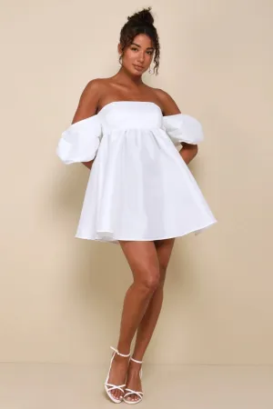 Sweet Vision White Taffeta Off-the-Shoulder Babydoll Mini Dress Gloria Lanvin