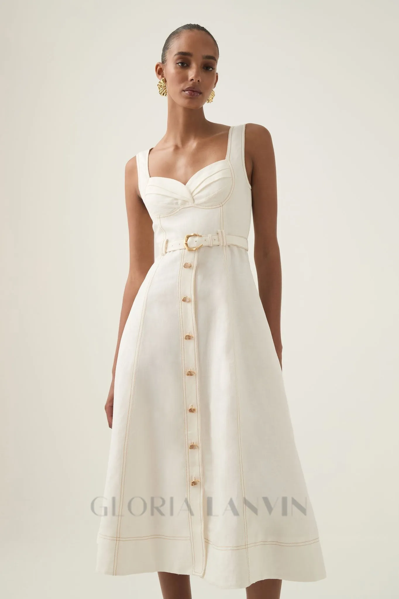 sweetheart neckline belted midi dress in ivory Gloria Lanvin