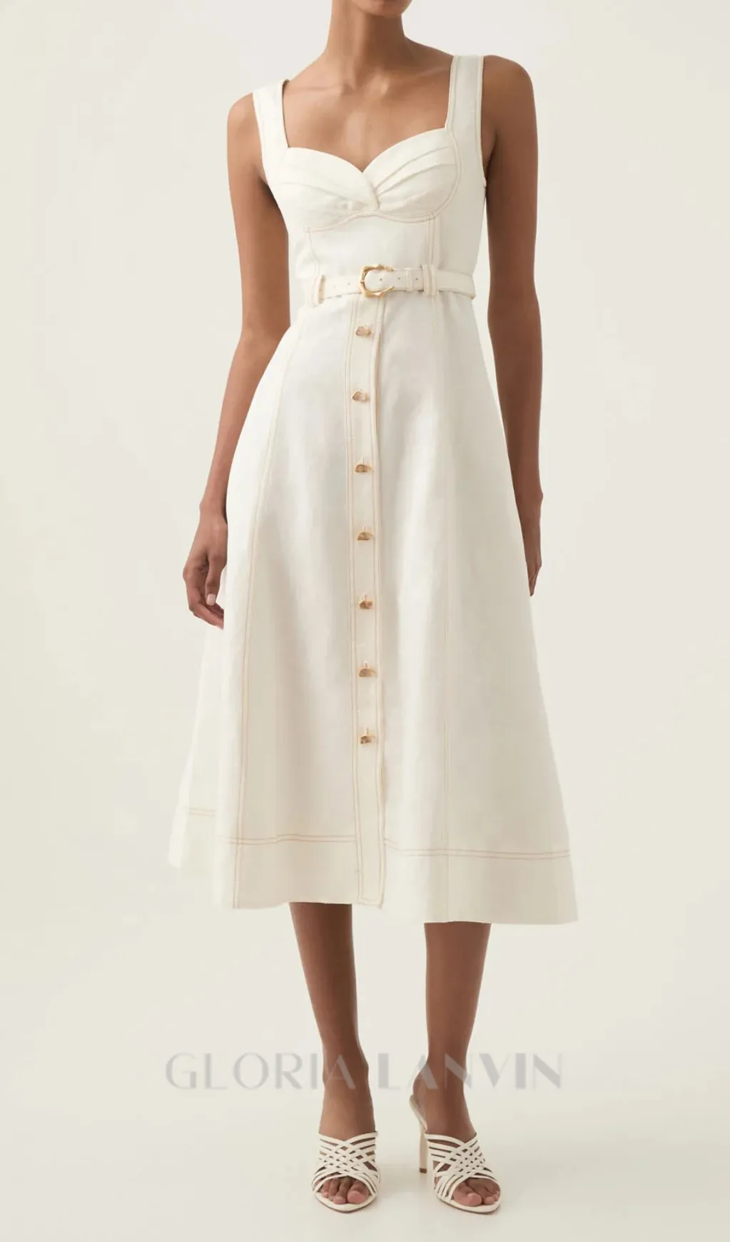 sweetheart neckline belted midi dress in ivory Gloria Lanvin