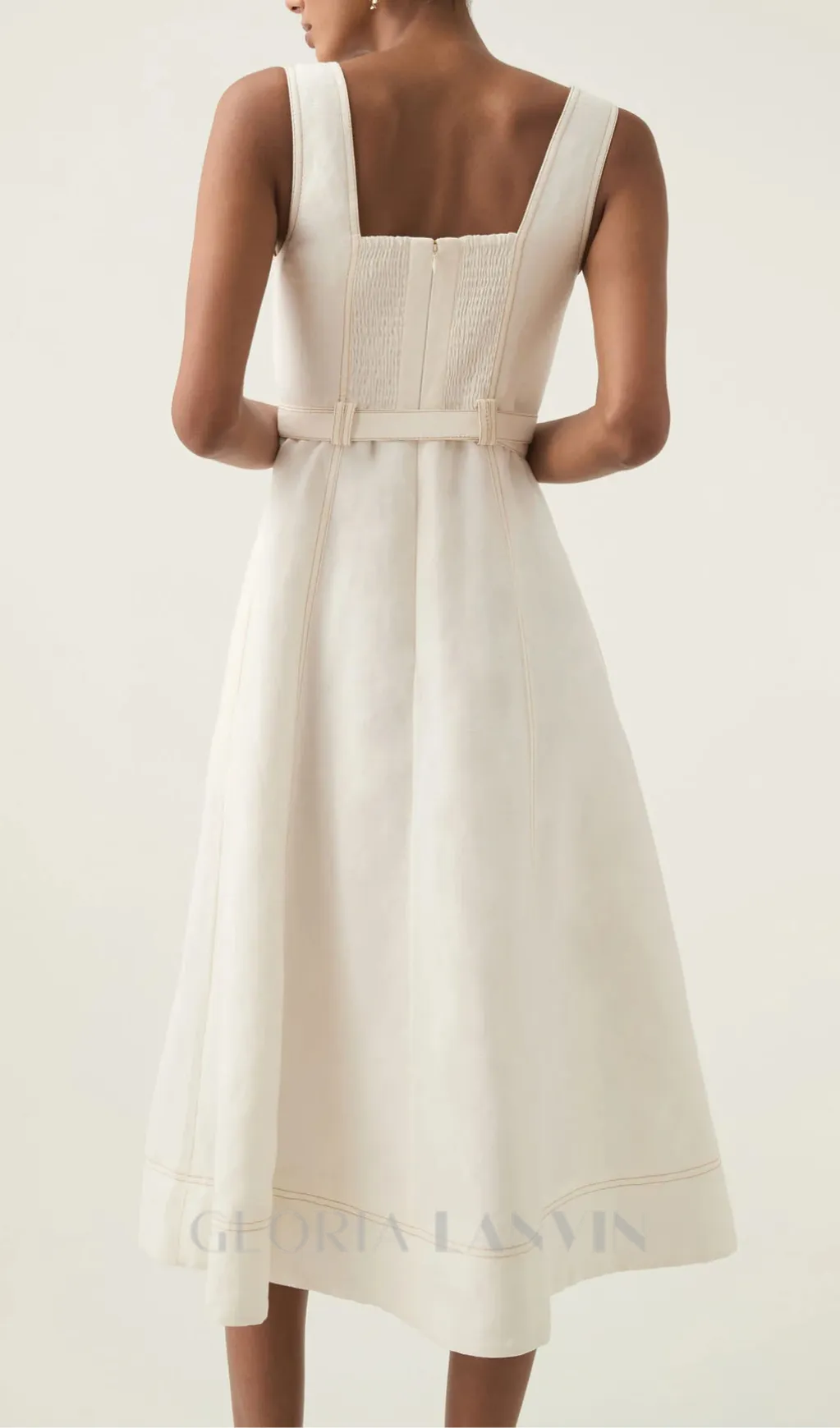 sweetheart neckline belted midi dress in ivory Gloria Lanvin