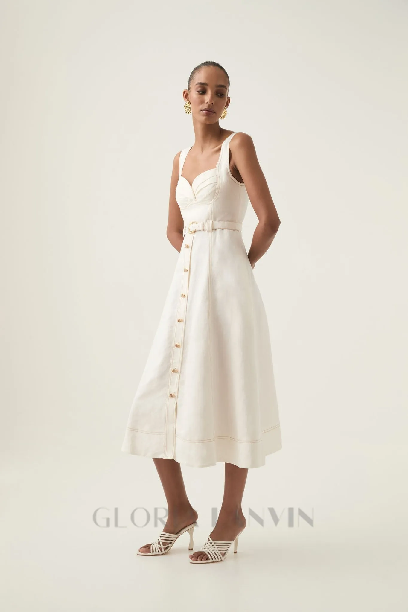 sweetheart neckline belted midi dress in ivory Gloria Lanvin
