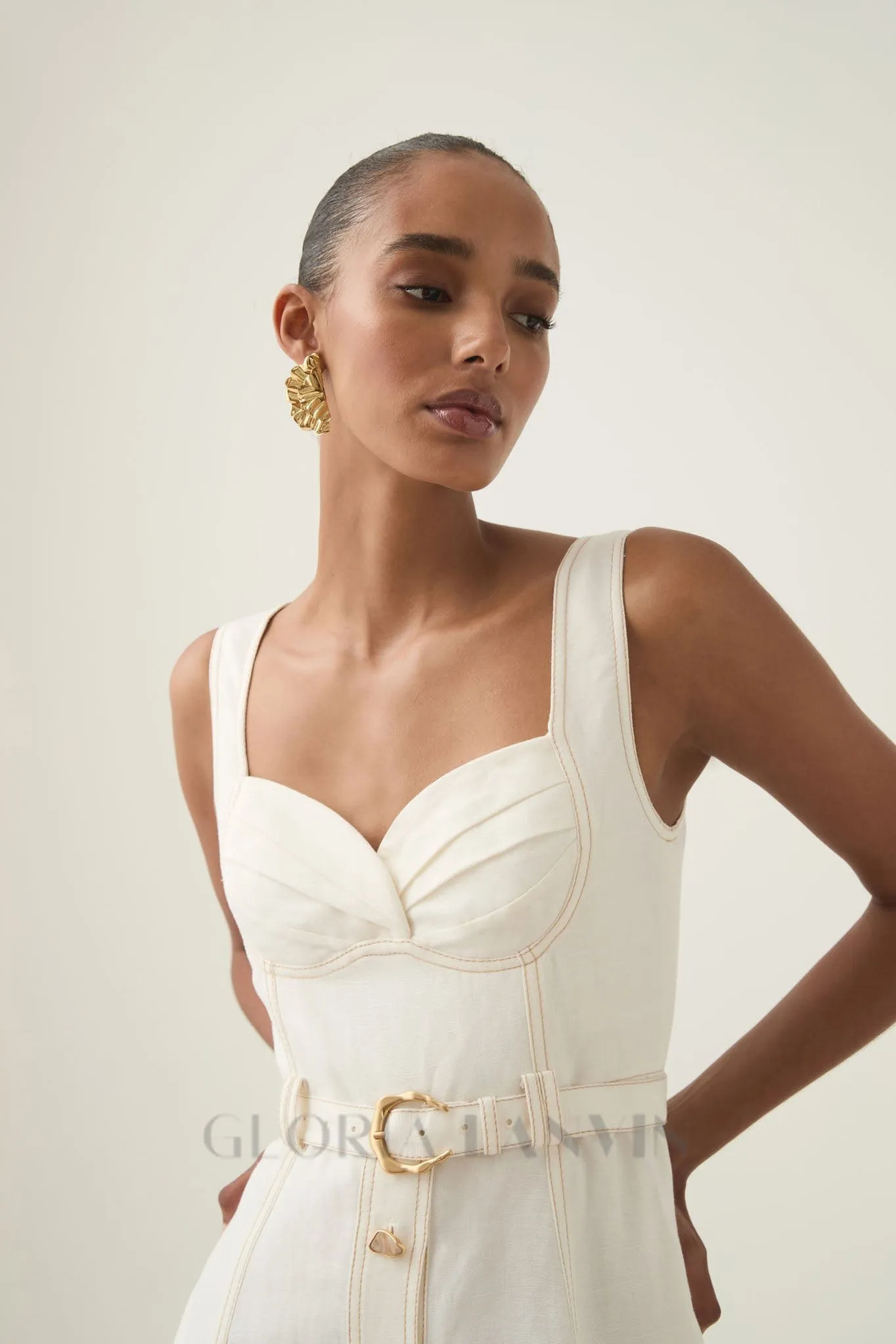 sweetheart neckline belted midi dress in ivory Gloria Lanvin