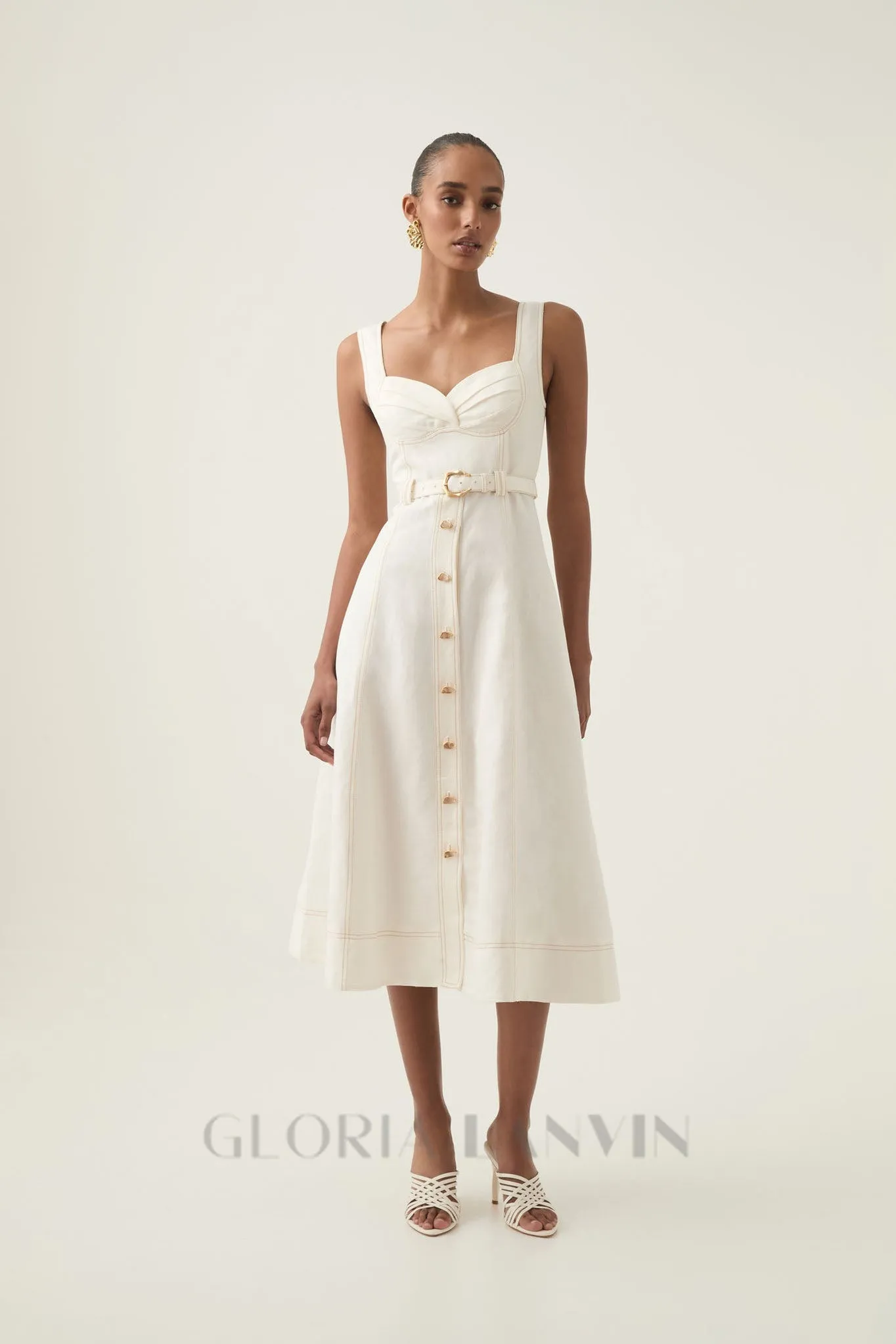 sweetheart neckline belted midi dress in ivory Gloria Lanvin