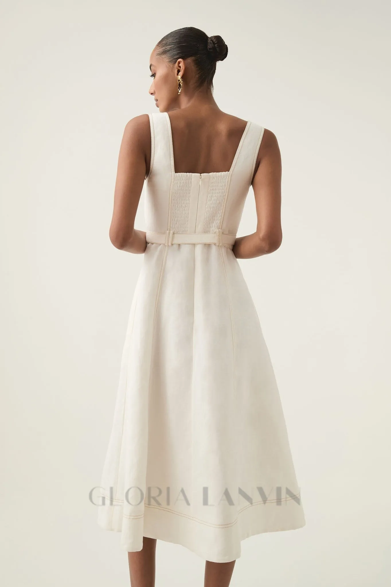 sweetheart neckline belted midi dress in ivory Gloria Lanvin