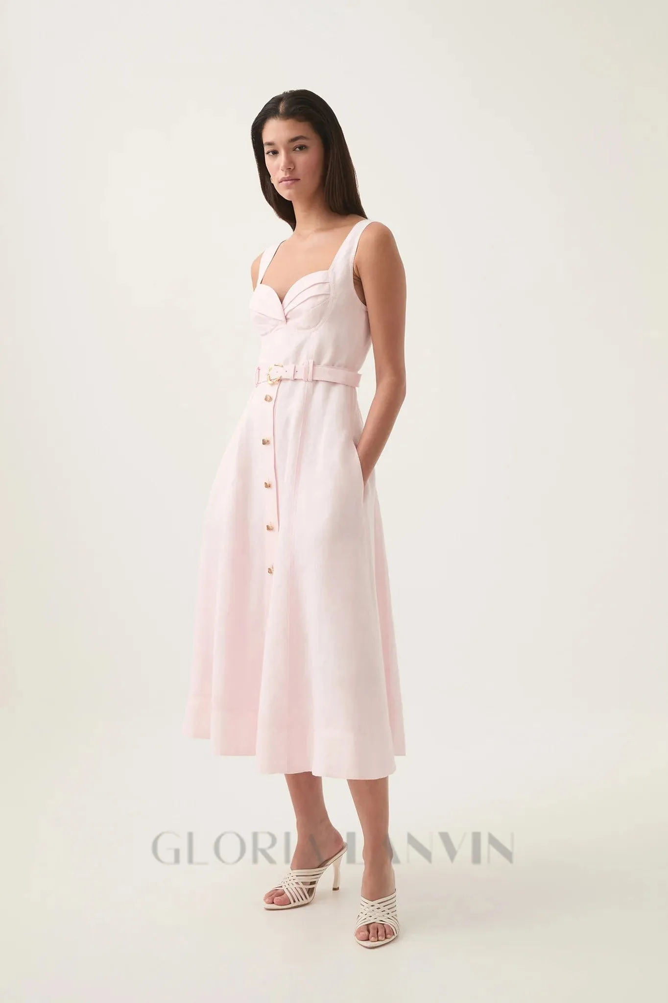sweetheart neckline belted midi dress in pink Gloria Lanvin