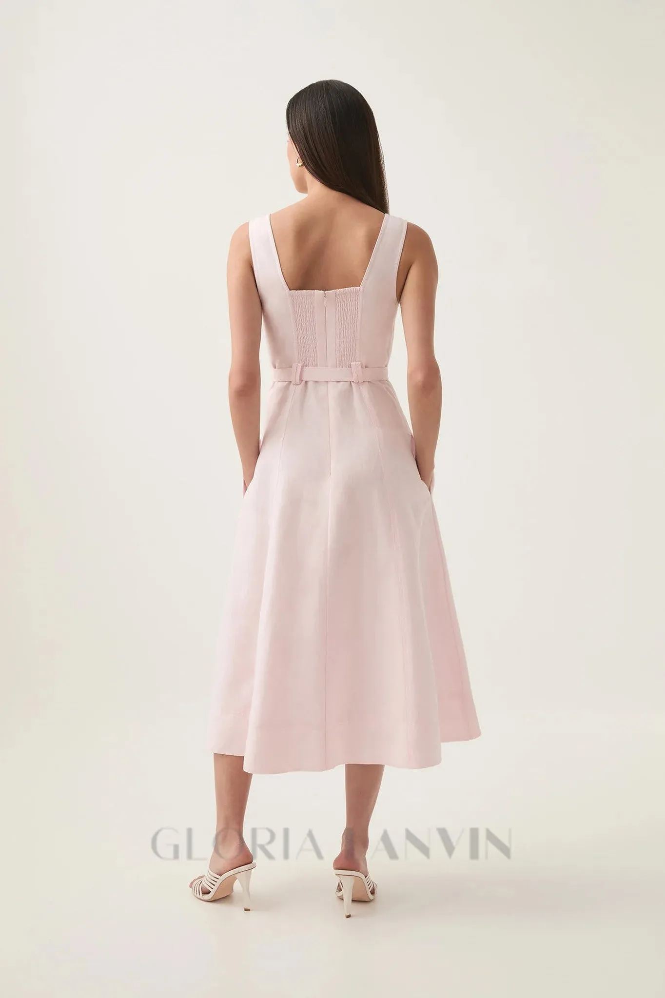sweetheart neckline belted midi dress in pink Gloria Lanvin