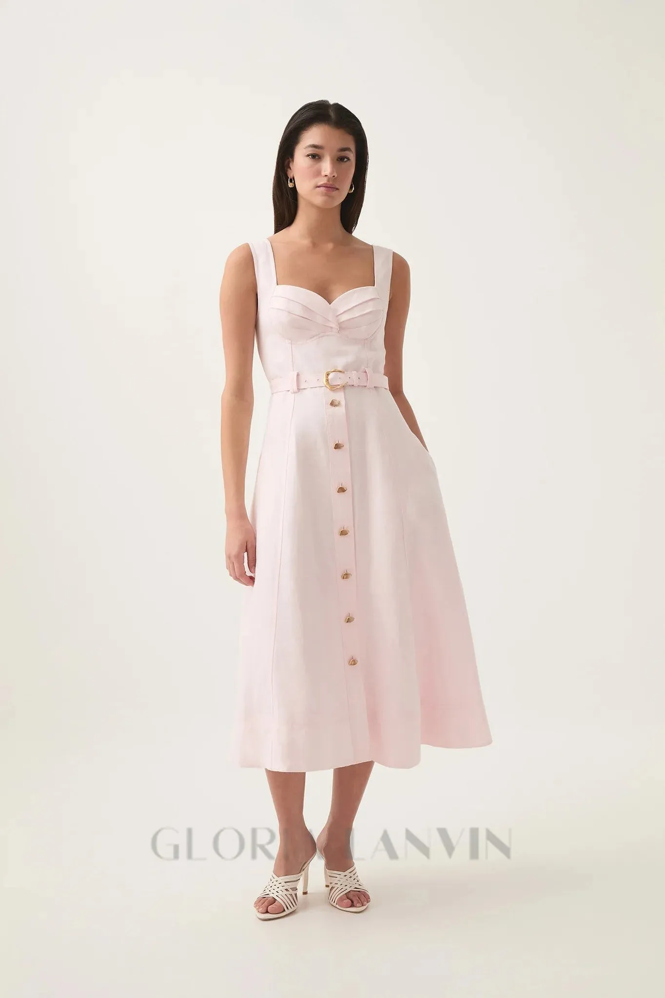 sweetheart neckline belted midi dress in pink Gloria Lanvin