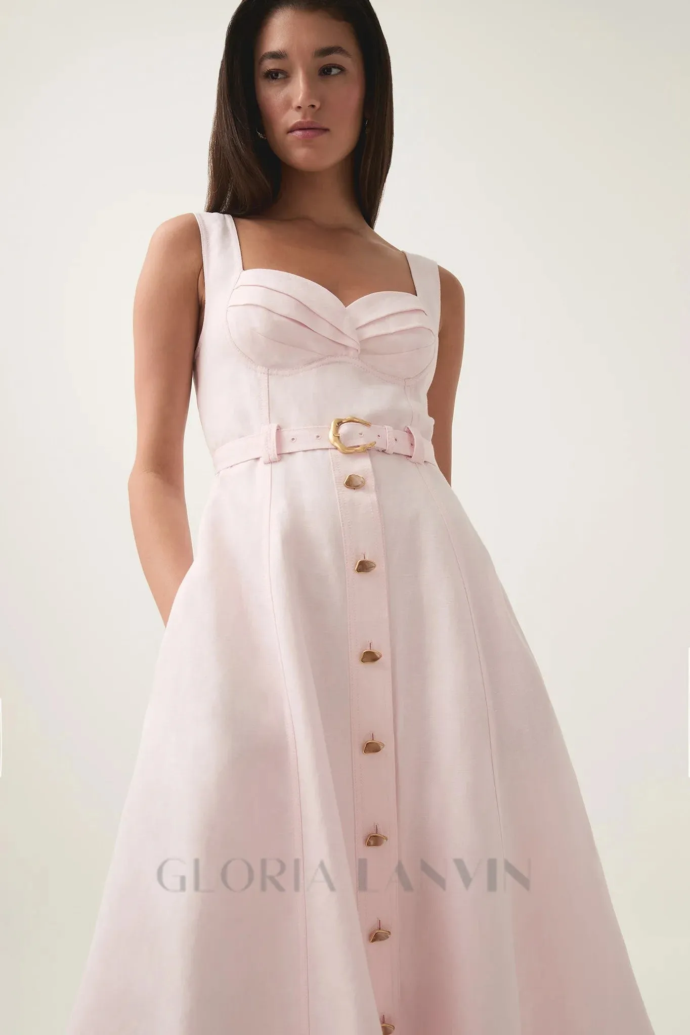 sweetheart neckline belted midi dress in pink Gloria Lanvin