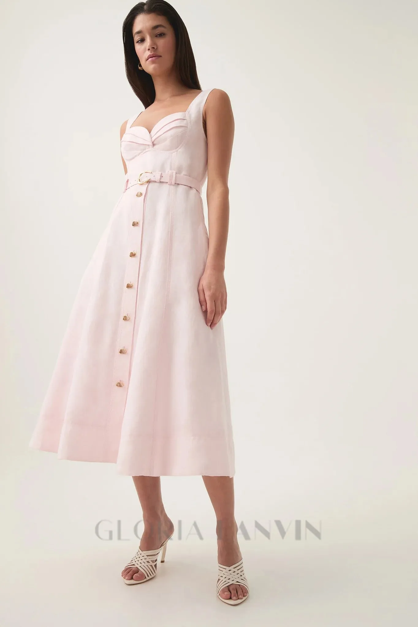 sweetheart neckline belted midi dress in pink Gloria Lanvin