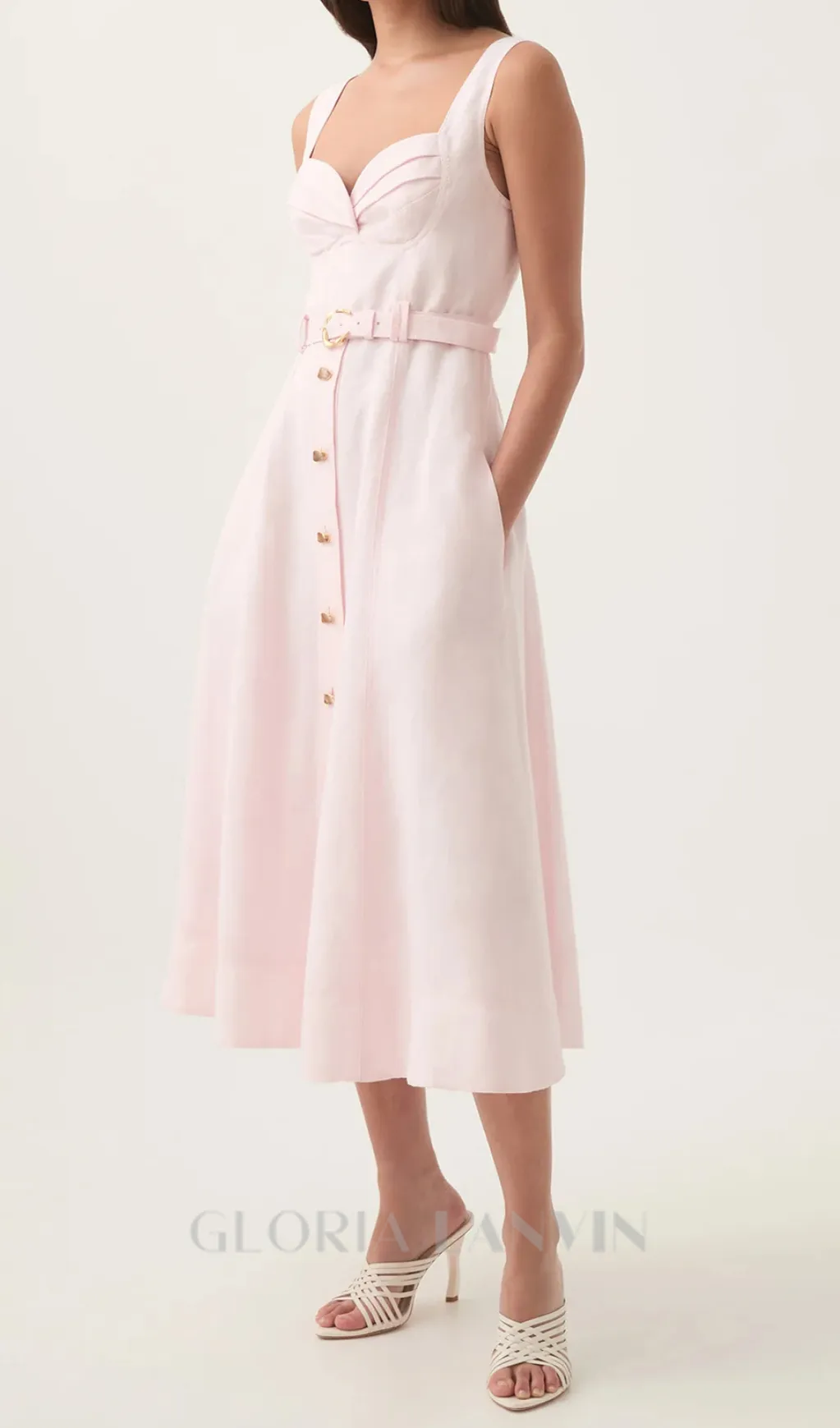 sweetheart neckline belted midi dress in pink Gloria Lanvin
