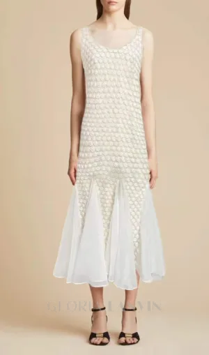 SYLVIA BEIGE EMBROIDERED SPLICING SLEEVELESS MIDI DRESS Gloria Lanvin