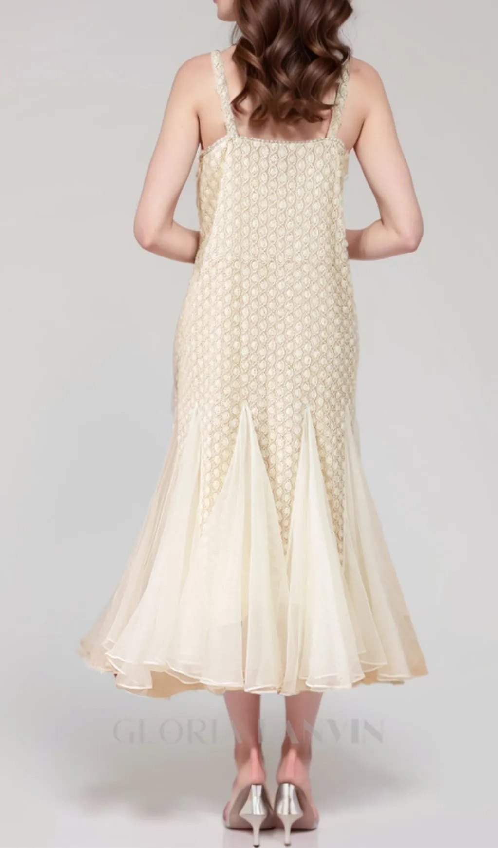 SYLVIA BEIGE EMBROIDERED SPLICING SLEEVELESS MIDI DRESS Gloria Lanvin