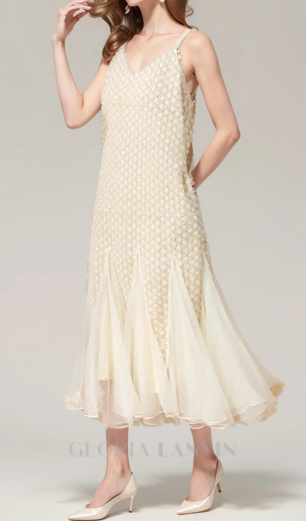 SYLVIA BEIGE EMBROIDERED SPLICING SLEEVELESS MIDI DRESS Gloria Lanvin