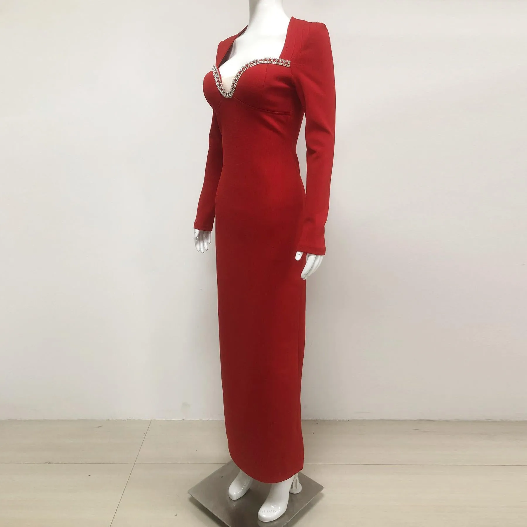 sylvia crystal embellished long sleeve maxi dress in red Gloria Lanvin