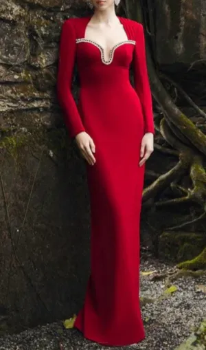 sylvia crystal embellished long sleeve maxi dress in red Gloria Lanvin