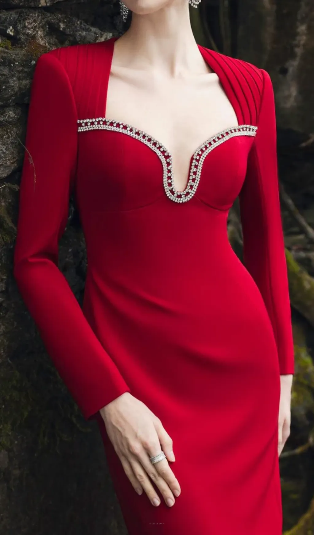 sylvia crystal embellished long sleeve maxi dress in red Gloria Lanvin