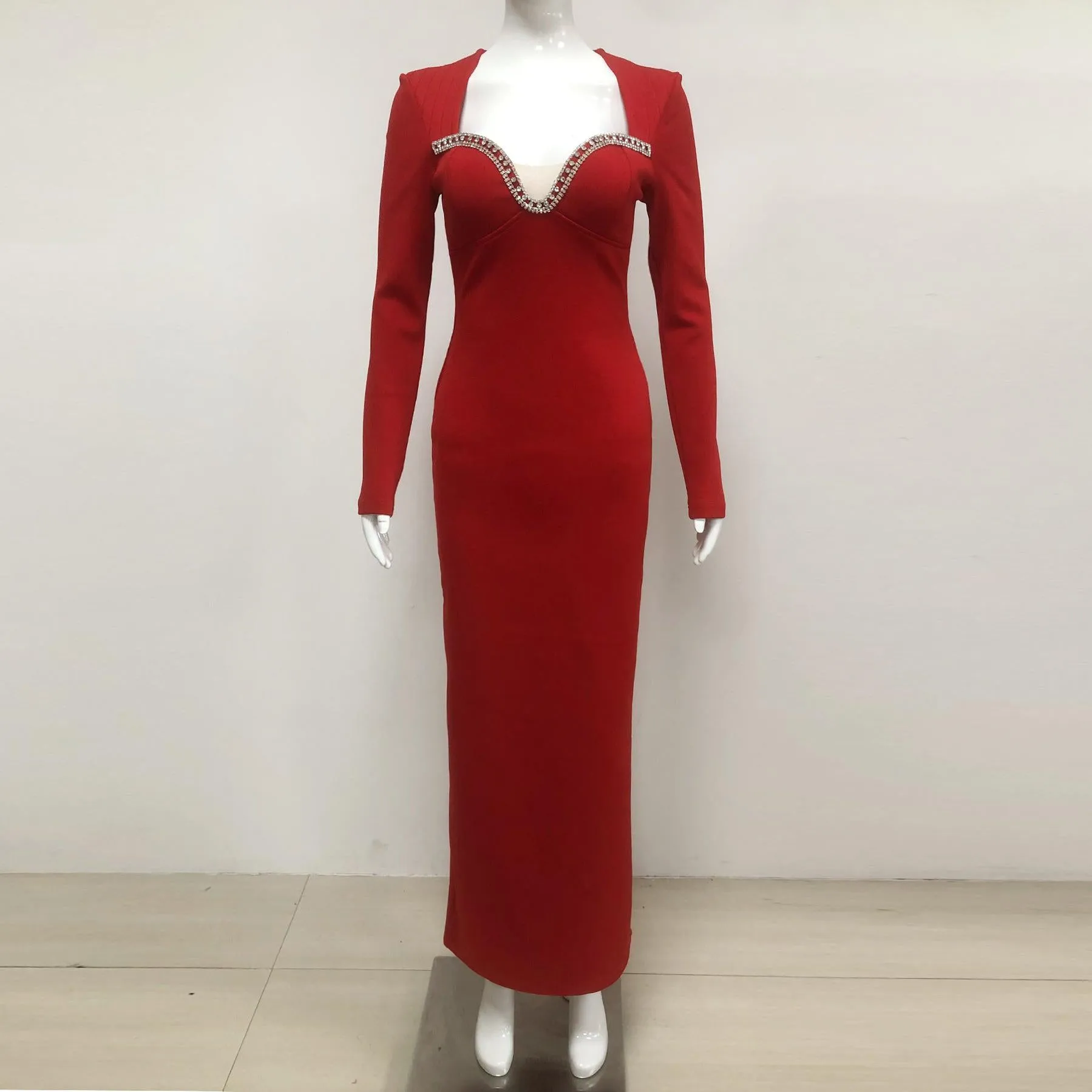 sylvia crystal embellished long sleeve maxi dress in red Gloria Lanvin