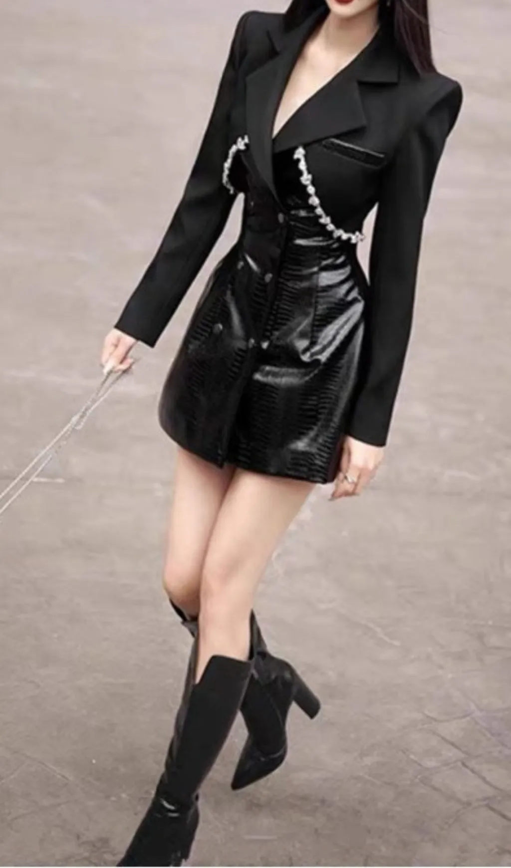 TAILORED BLAZER DRESS WITH LEATHER BLACK Gloria Lanvin