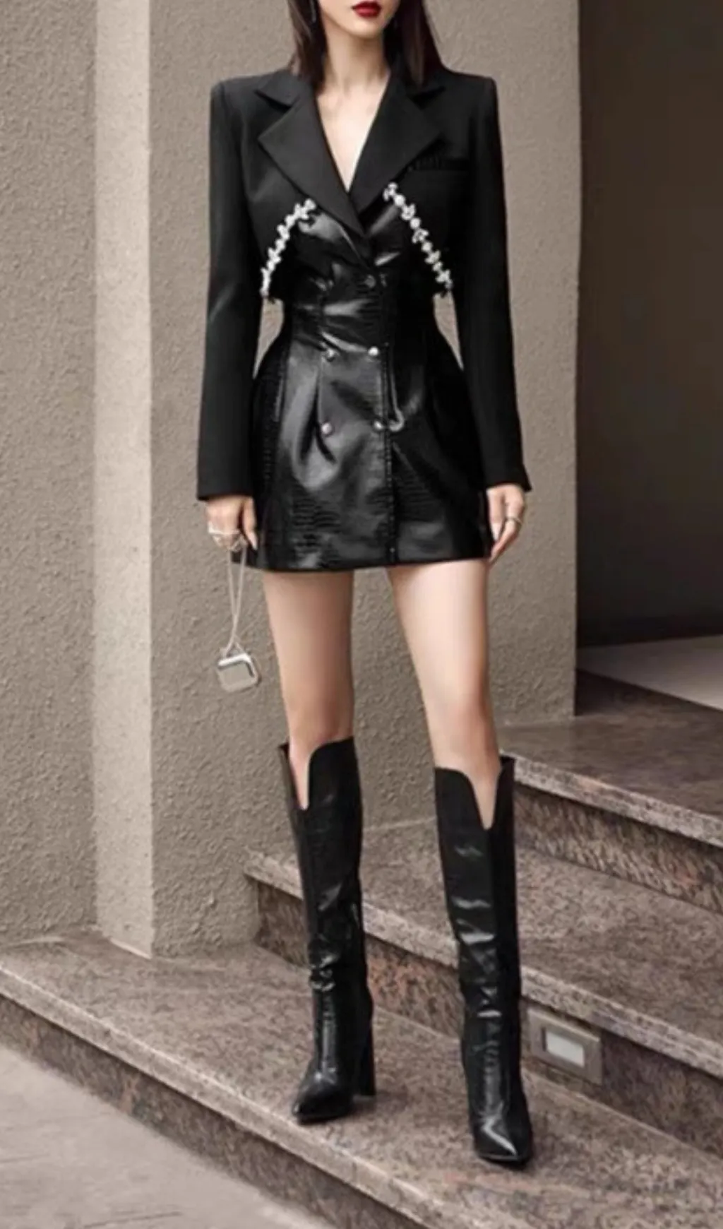 TAILORED BLAZER DRESS WITH LEATHER BLACK Gloria Lanvin