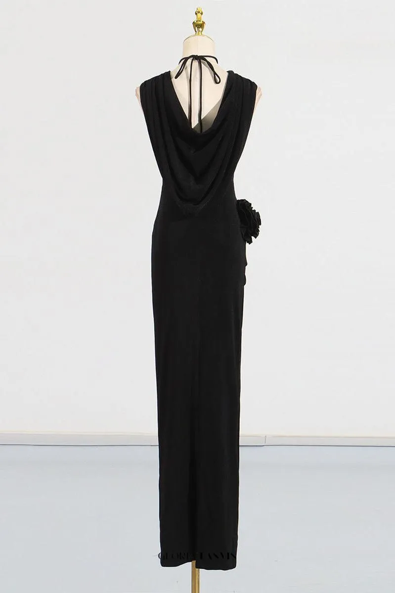 tammy Metal 3D Flower Hooded Midi Dress in black Gloria Lanvin