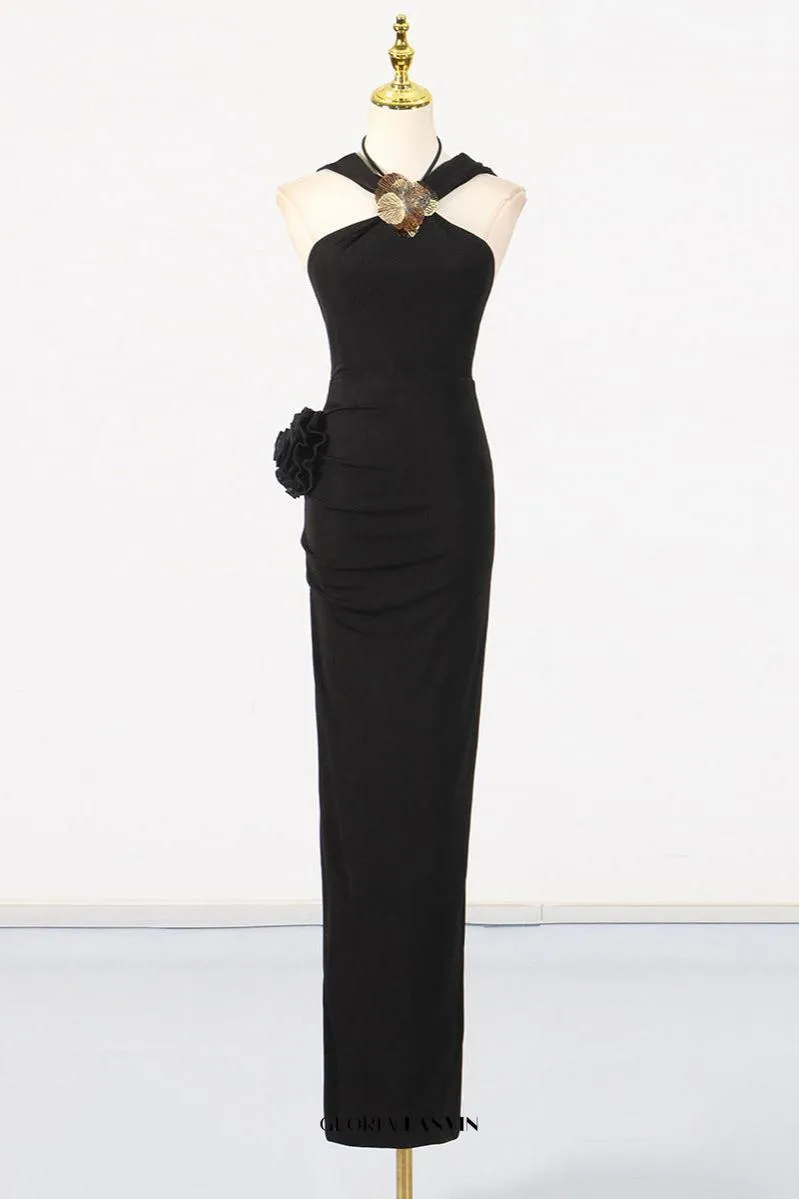 tammy Metal 3D Flower Hooded Midi Dress in black Gloria Lanvin