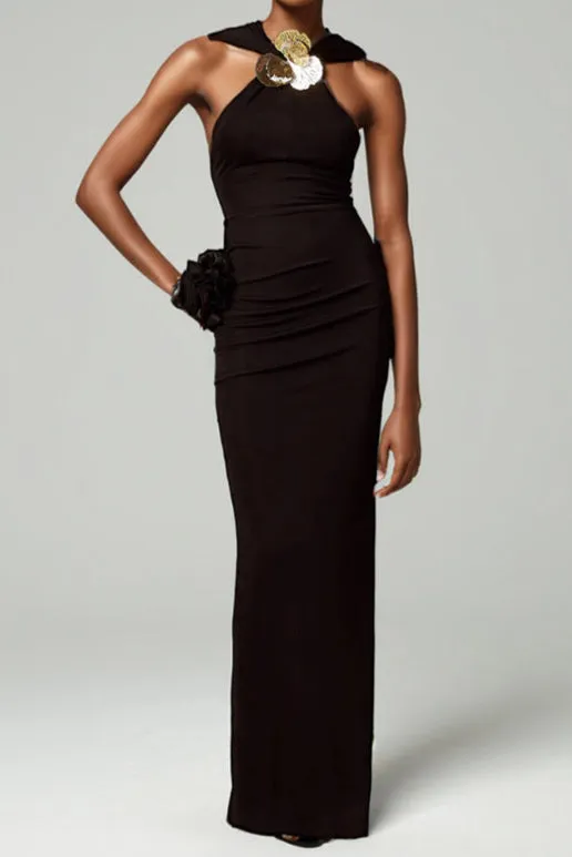 tammy Metal 3D Flower Hooded Midi Dress in black Gloria Lanvin