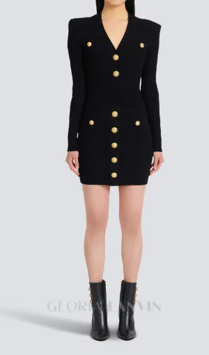 TARA BLACK SHORT KNITTED MINI DRESS WITH GOLD BUTTONS Gloria Lanvin