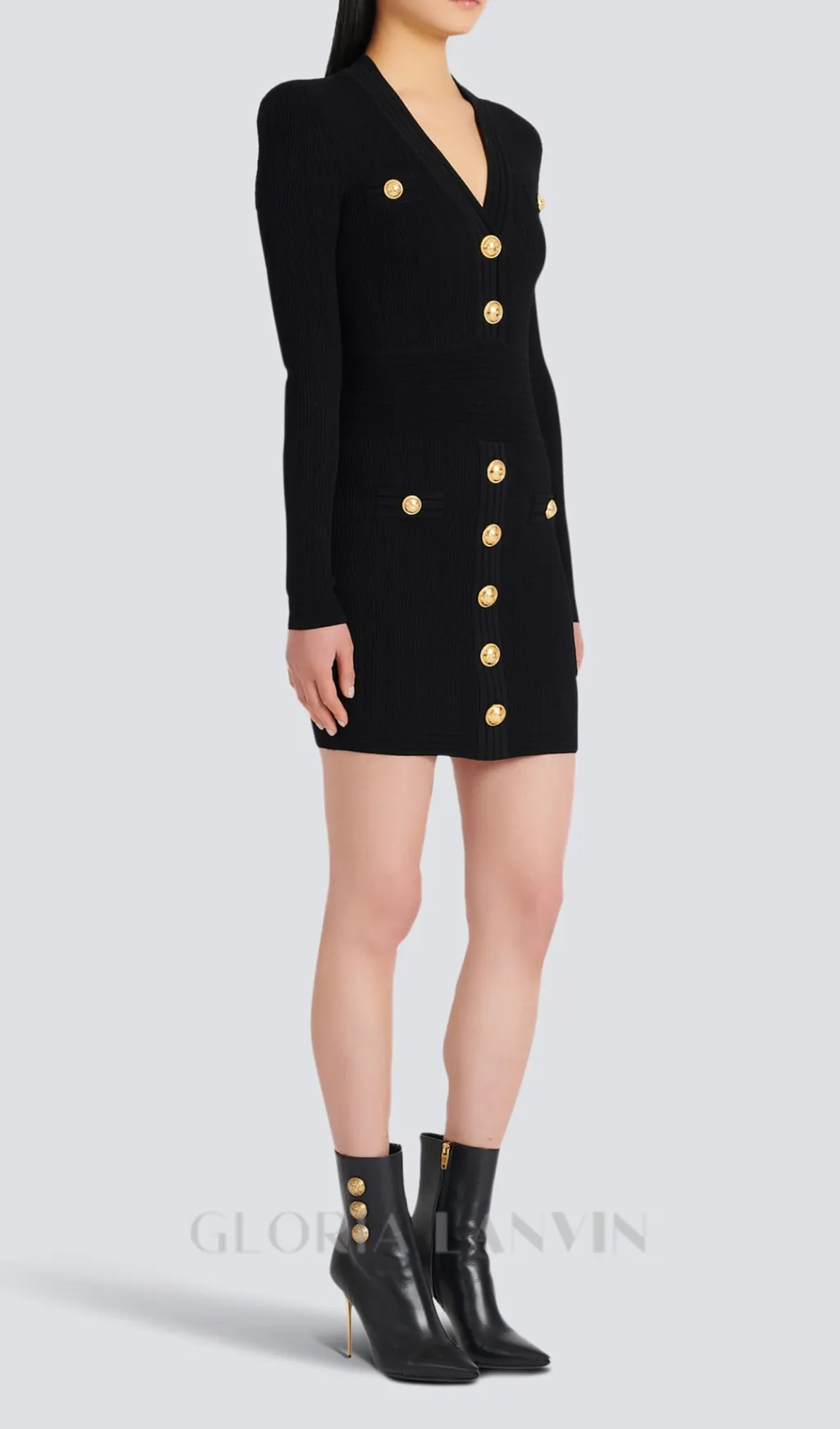 TARA BLACK SHORT KNITTED MINI DRESS WITH GOLD BUTTONS Gloria Lanvin