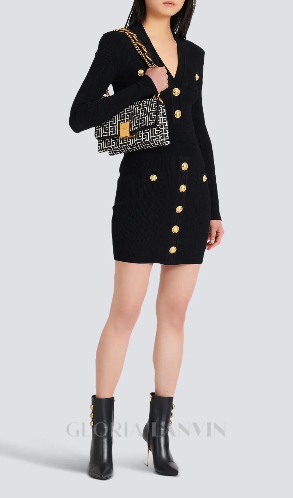 TARA BLACK SHORT KNITTED MINI DRESS WITH GOLD BUTTONS Gloria Lanvin