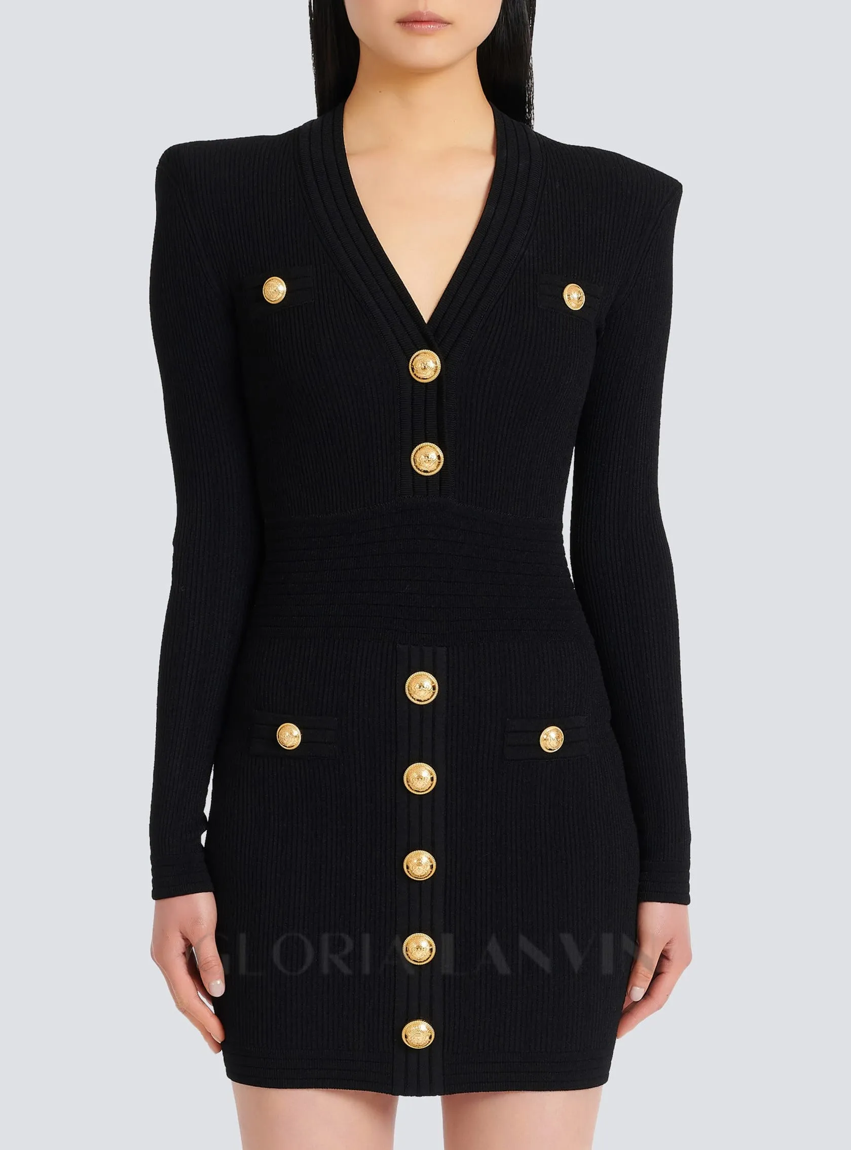 TARA BLACK SHORT KNITTED MINI DRESS WITH GOLD BUTTONS Gloria Lanvin