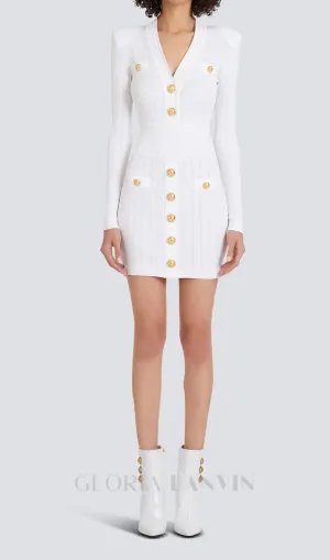 TARA WHITE SHORT KNITTED MINI DRESS WITH GOLD BUTTONS Gloria Lanvin