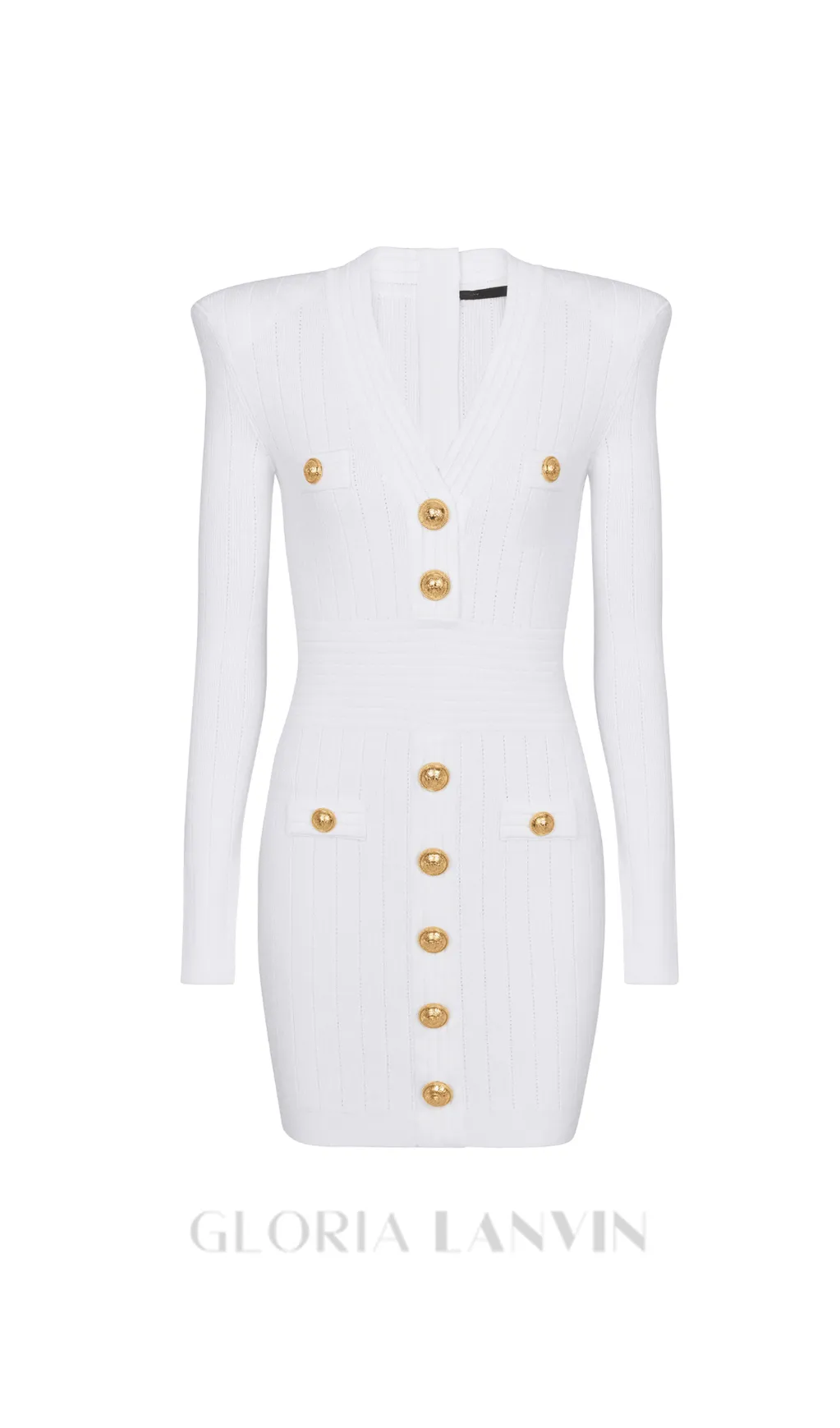 TARA WHITE SHORT KNITTED MINI DRESS WITH GOLD BUTTONS Gloria Lanvin