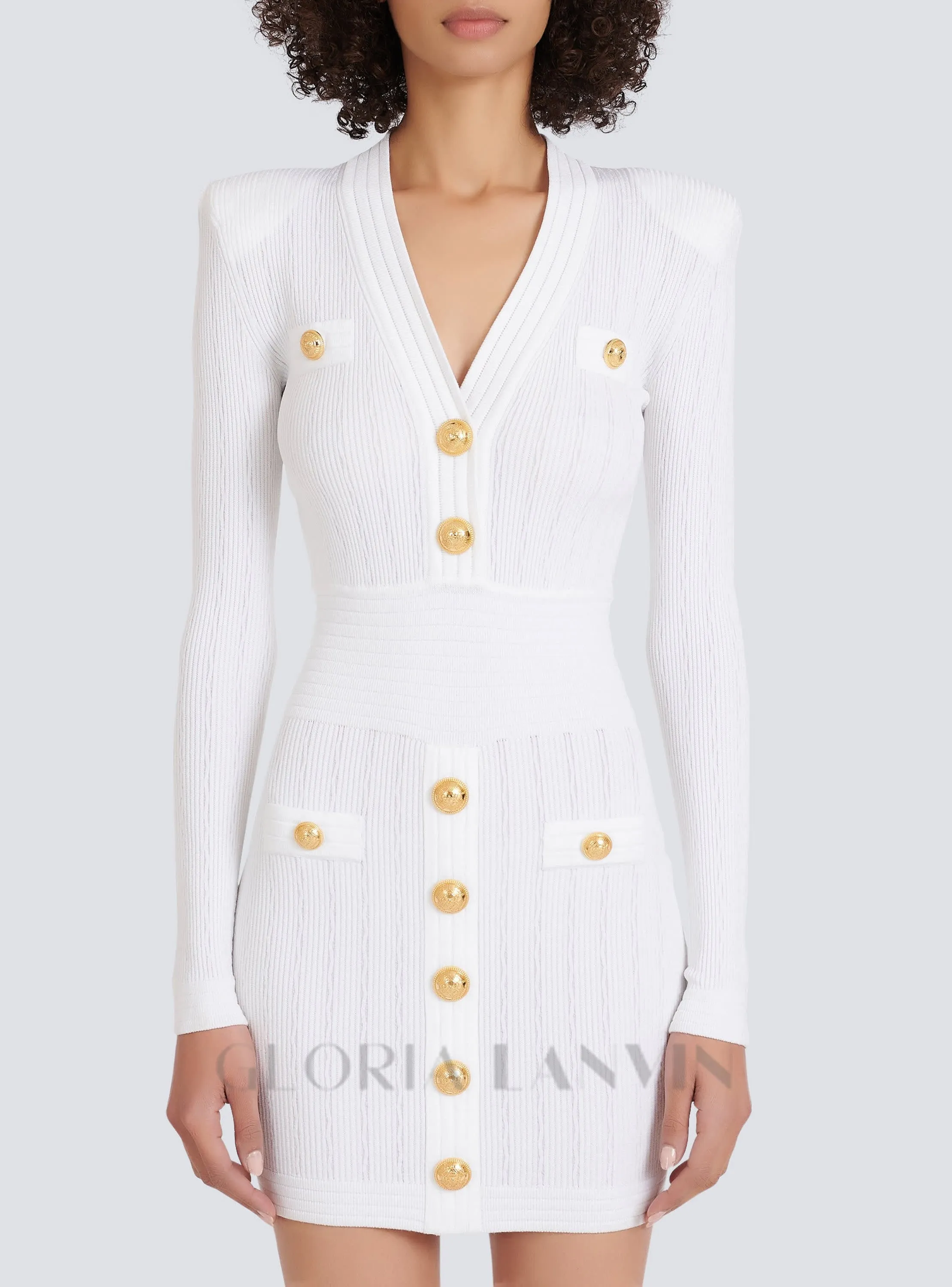 TARA WHITE SHORT KNITTED MINI DRESS WITH GOLD BUTTONS Gloria Lanvin