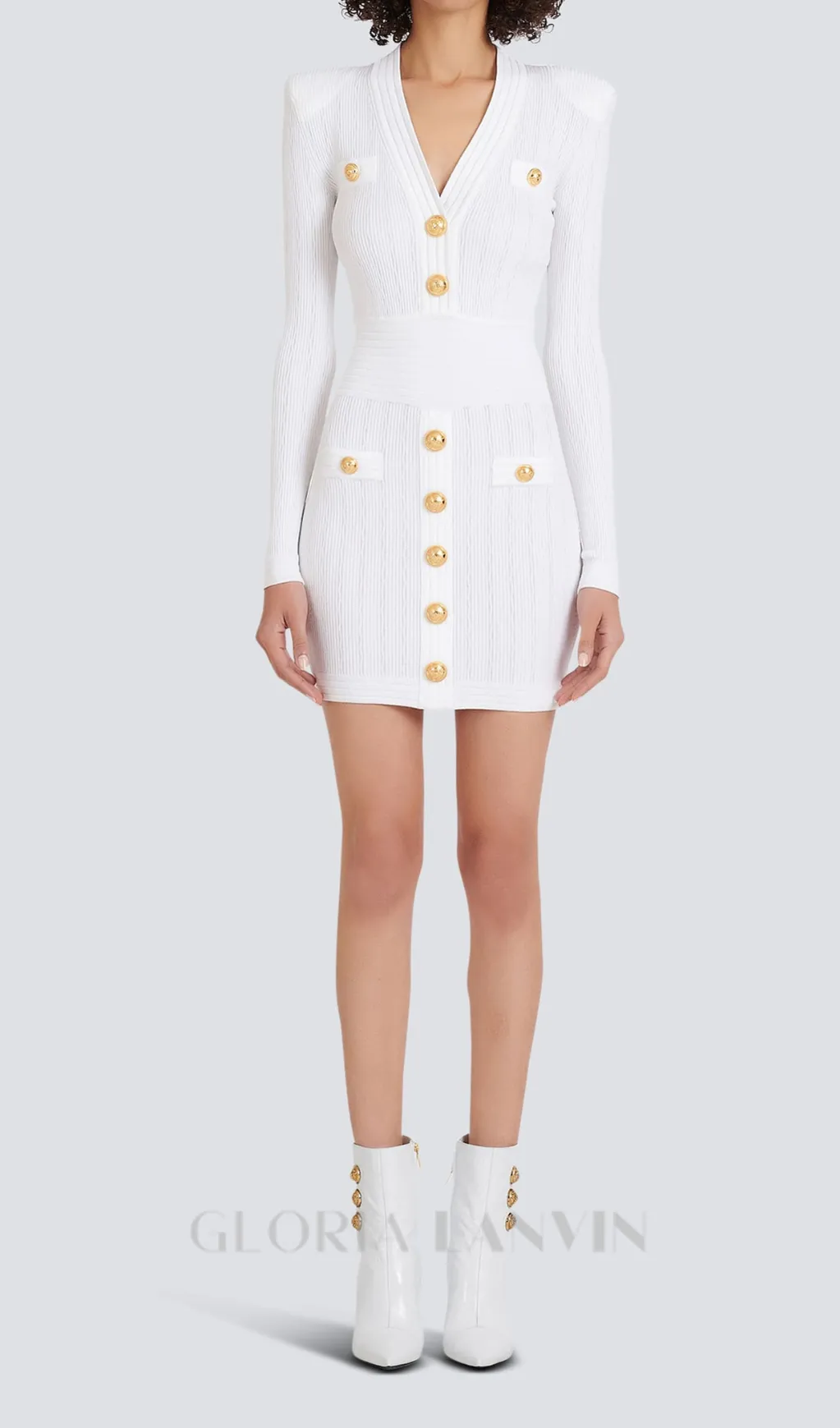 TARA WHITE SHORT KNITTED MINI DRESS WITH GOLD BUTTONS Gloria Lanvin