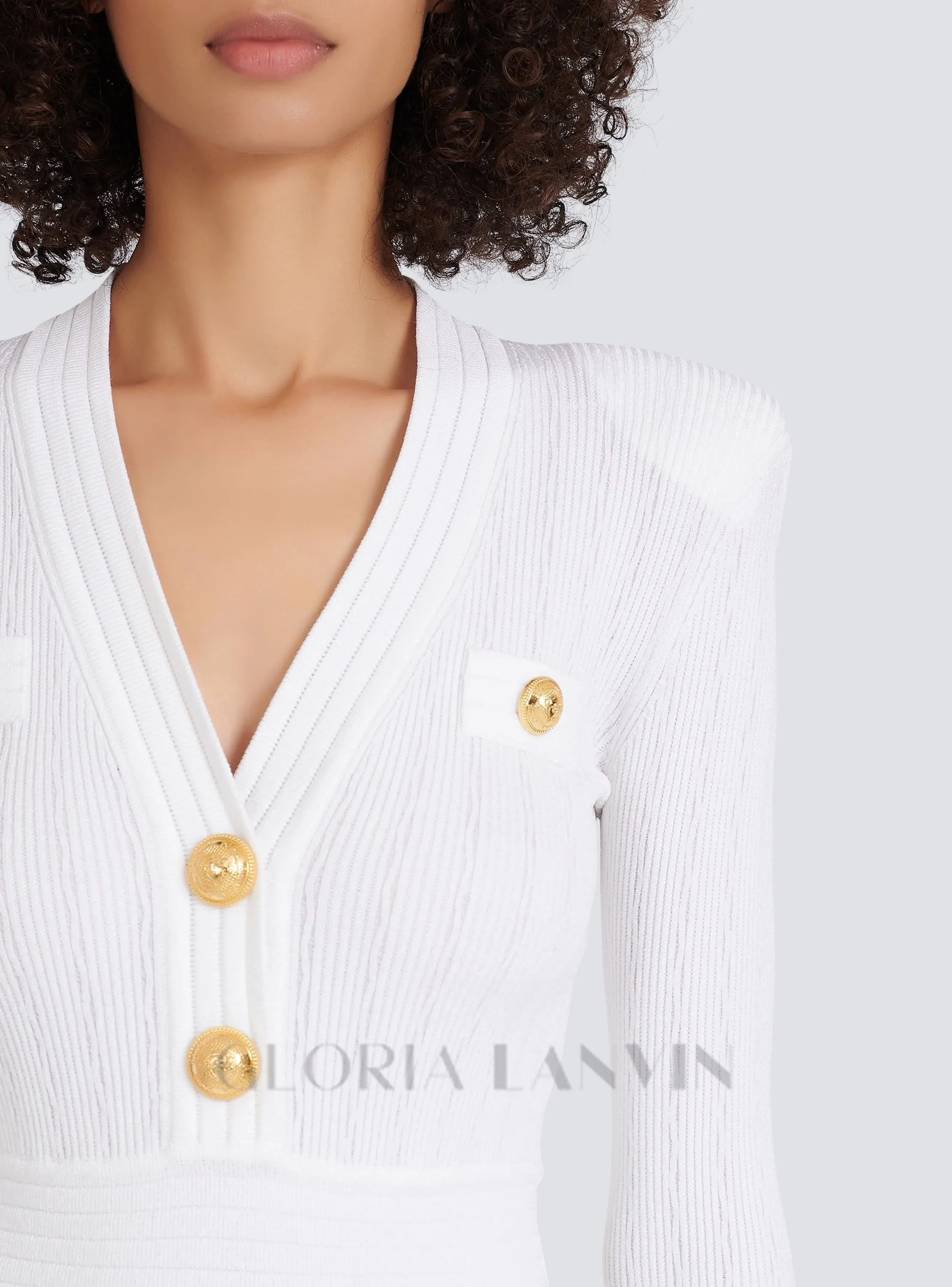 TARA WHITE SHORT KNITTED MINI DRESS WITH GOLD BUTTONS Gloria Lanvin