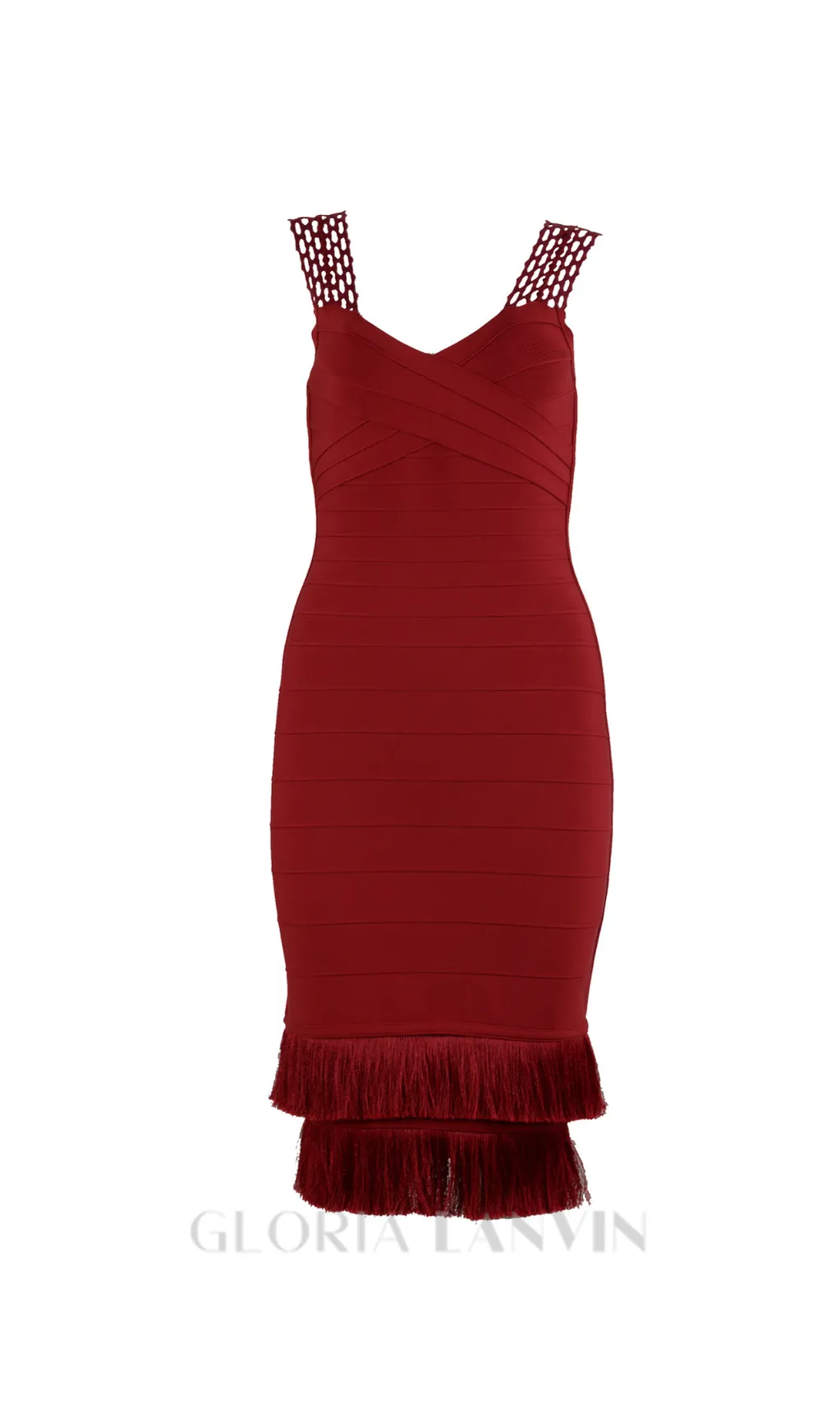 tassel bandage lace bodycon midi dress in burgundy Gloria Lanvin