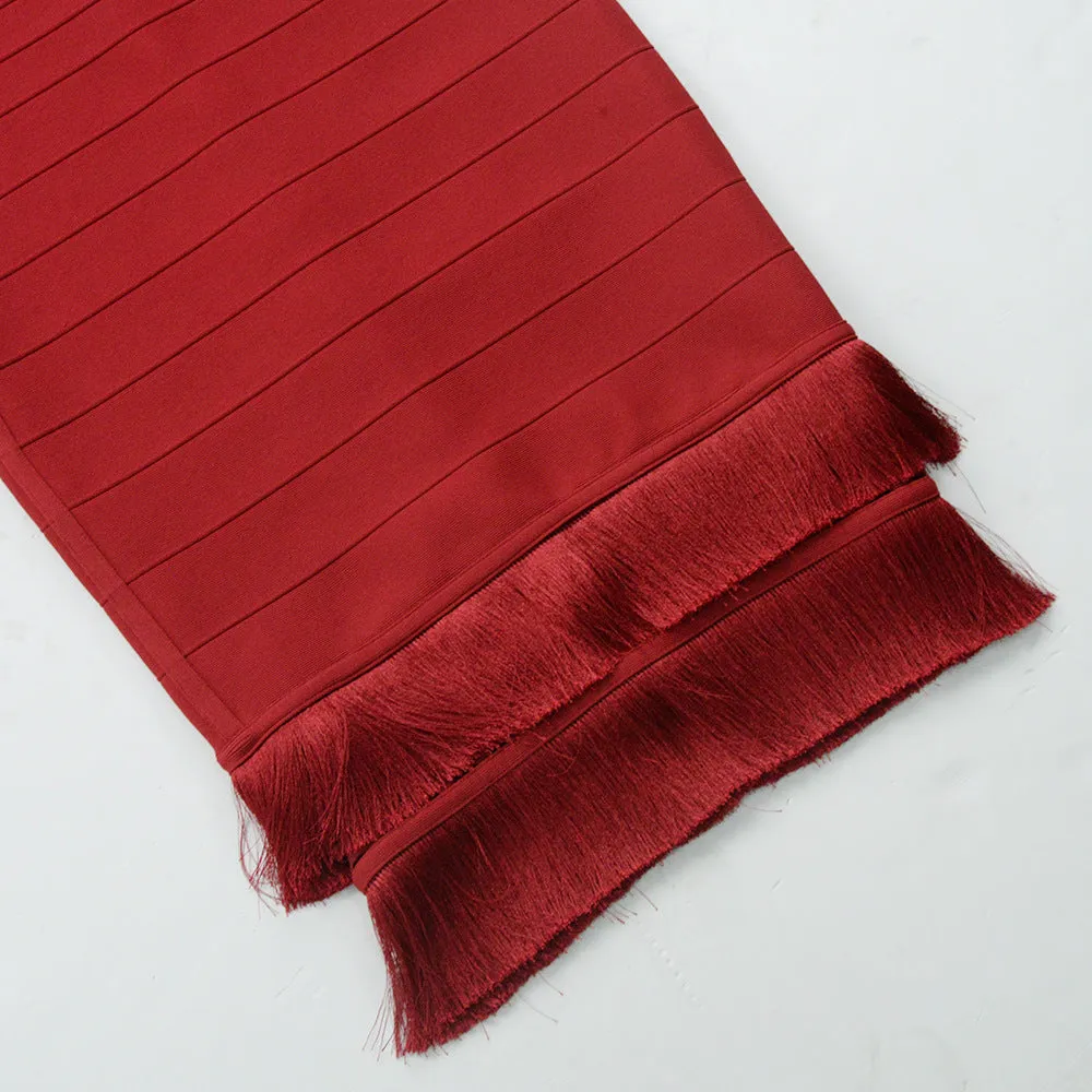tassel bandage lace bodycon midi dress in burgundy Gloria Lanvin