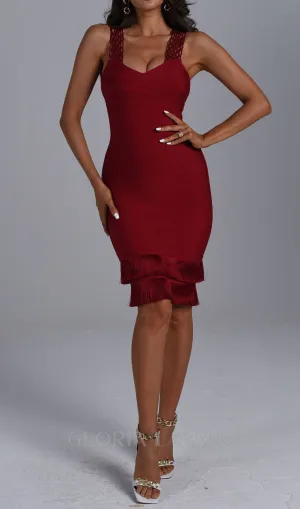 tassel bandage lace bodycon midi dress in burgundy Gloria Lanvin