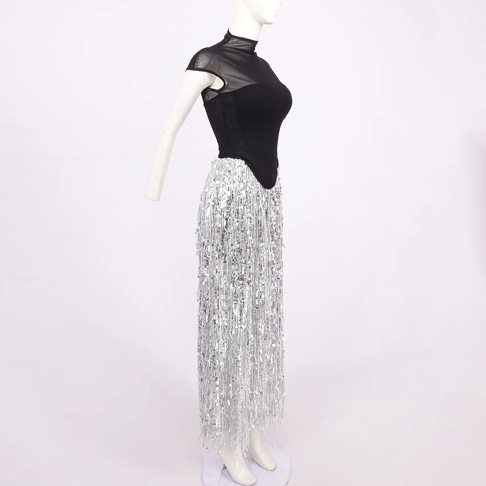 tassel sequin black corset maxi dress Gloria Lanvin