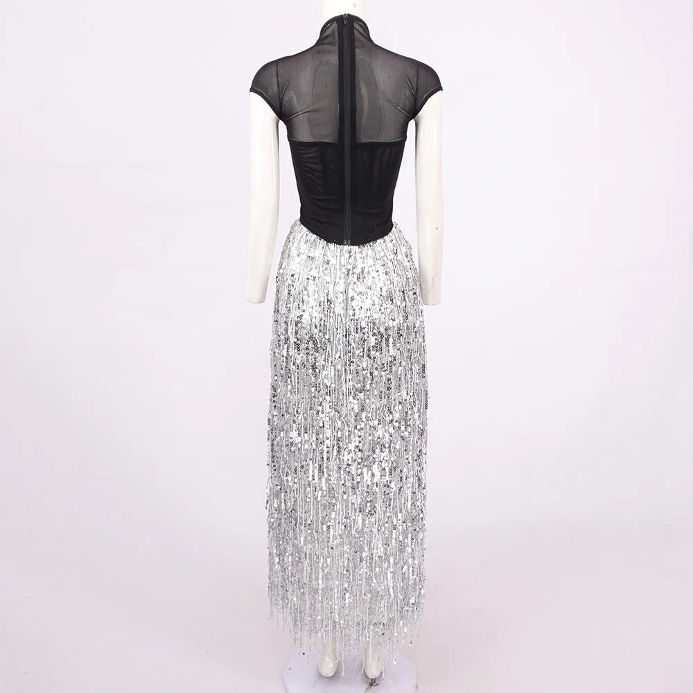 tassel sequin black corset maxi dress Gloria Lanvin