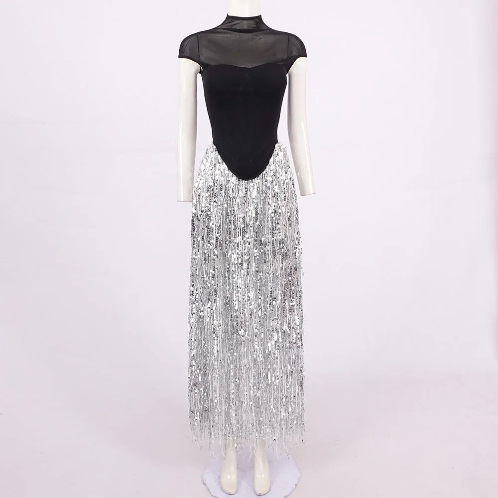 tassel sequin black corset maxi dress Gloria Lanvin