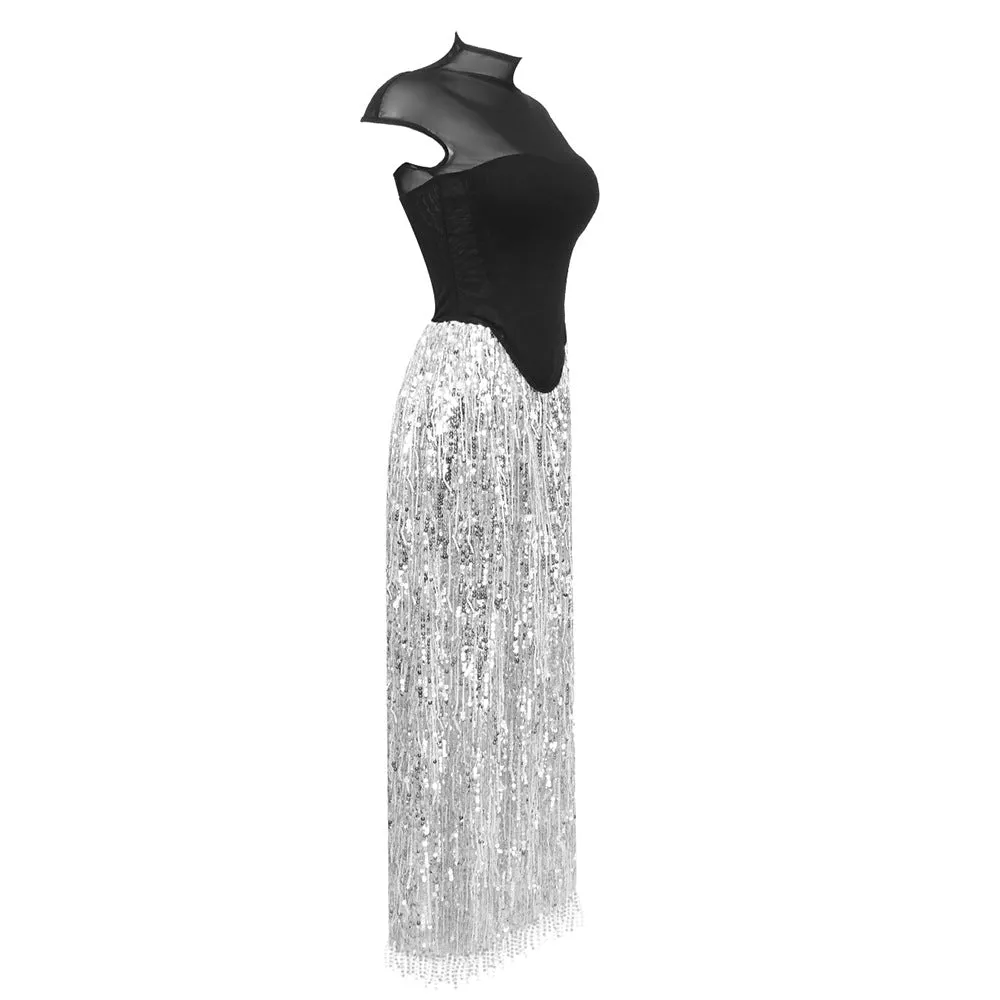 tassel sequin black corset maxi dress Gloria Lanvin