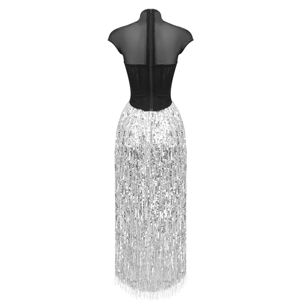 tassel sequin black corset maxi dress Gloria Lanvin