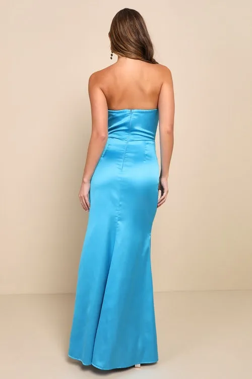 teal blue satin pleated strapless maxi dress Gloria Lanvin