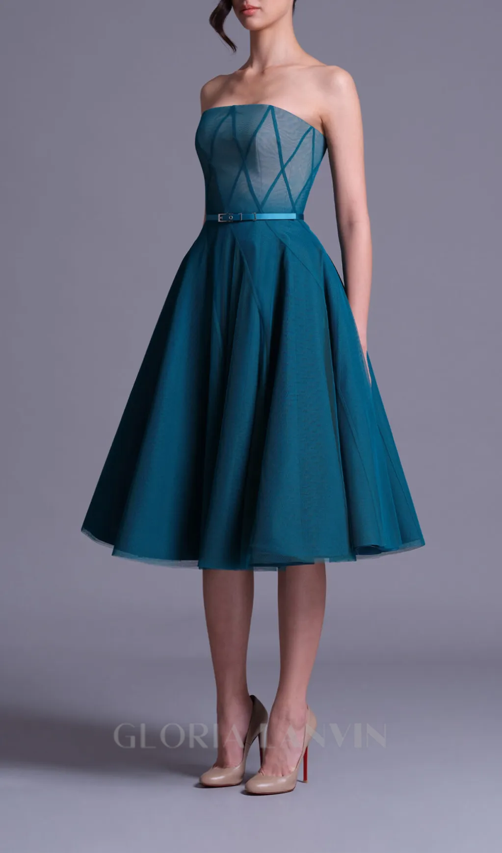TEAL OMBRE SOFT NET MIDI DRESS Gloria Lanvin